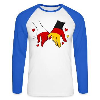 Polen_Deutschland_Flagge_Händehalten - Unisex Baseballshirt langarm - Weiß/Royalblau - Vorne - Nik (191cm)