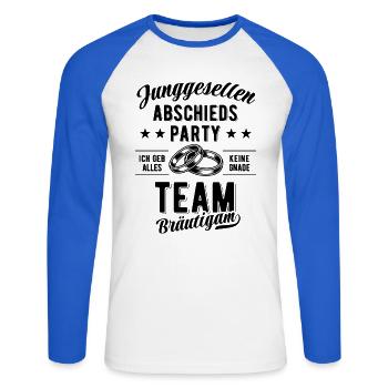 Enterrement de vie de garçon | Marié d’équipe - T-shirt baseball manches longues Homme - blanc/bleu royal - Devant - Nik (191cm)