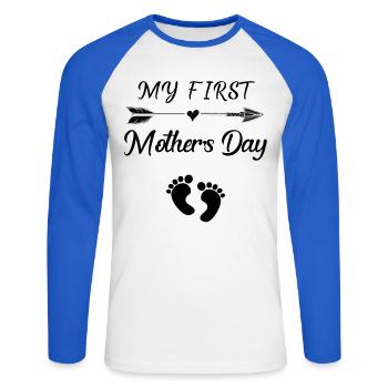 Mein erstes Muttertags-T-Shirt für eine schwangere Mutter - Unisex Baseballshirt langarm - Weiß/Royalblau - Vorne - Nik (191cm)