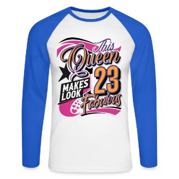Reine des 23 ans - T-shirt baseball manches longues Homme - blanc/bleu royal - Devant - Nik (191cm)