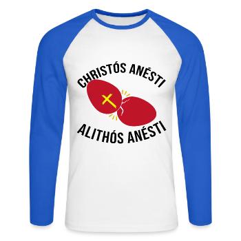 Greek Easter Christos Anesti Alithos Anesti - Unisex Long Sleeve Baseball T-Shirt - white/royal blue - Front - Nik (191cm)