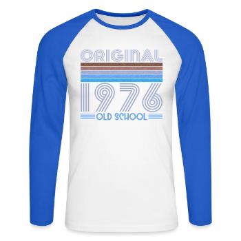 50e anniversaire original de l’old school de 1976 - T-shirt baseball manches longues Homme - blanc/bleu royal - Devant - Nik (191cm)
