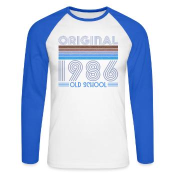 40e anniversaire original de l’old school de 1986 - T-shirt baseball manches longues Homme - blanc/bleu royal - Devant - Nik (191cm)