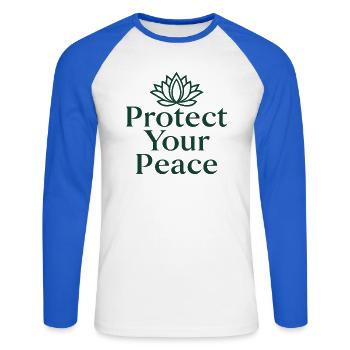 Méditation de yoga Protect Your Peace Lotus Flower - T-shirt baseball manches longues Homme - blanc/bleu royal - Devant - Nik (191cm)