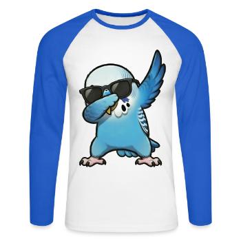 Dabbing Budgie Blue - Unisex Long Sleeve Baseball T-Shirt - white/royal blue - Front - Nik (191cm)