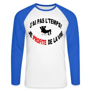 Non J'ai Pas Le Temps Je Profite de la Vie - T-shirt baseball manches longues Homme - blanc/bleu royal - Devant - Nik (191cm)