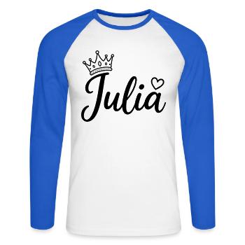 Julia Name Krone Herz Kalligraphie personalisiert - Unisex Baseballshirt langarm - Weiß/Royalblau - Vorne - Nik (191cm)