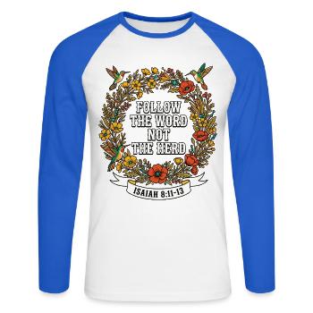 Follow The Word Not The Herd Hummingbird - Unisex Long Sleeve Baseball T-Shirt - white/royal blue - Front - Nik (191cm)