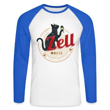 Zell mit Katze Vintage Mosel Rheinland-Pfalz - Unisex Baseballshirt langarm - Weiß/Royalblau - Vorne - Nik (191cm)