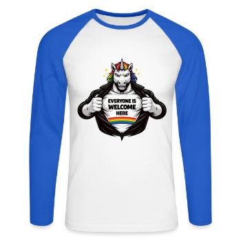 Design de déclaration arc-en-ciel Diversité & Respect - T-shirt baseball manches longues Homme - blanc/bleu royal - Devant - Nik (191cm)
