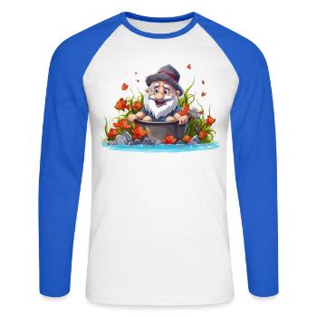 Gnome in the bathing pot by the pond - Unisex Long Sleeve Baseball T-Shirt - white/royal blue - Front - Nik (191cm)