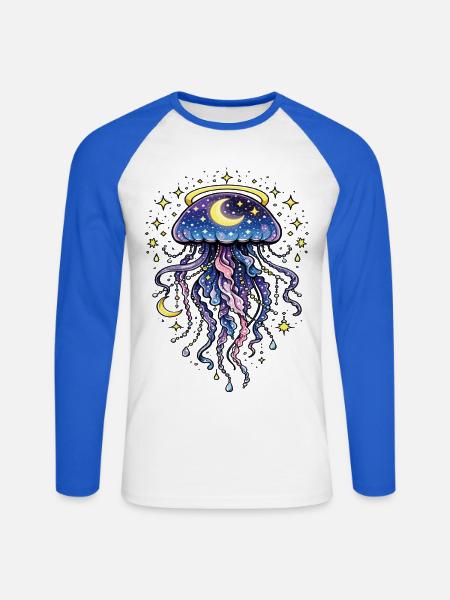 Quallen, kosmische Galaxie, Mond und Sterne - Unisex Baseballshirt langarm - Weiß/Royalblau