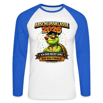 Graduating Class of 2026 Tortoise | School leavers - Unisex Long Sleeve Baseball T-Shirt - white/royal blue - Front - Nik (191cm)