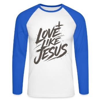 T-shirt Jésus : Amour comme Jésus Cadeau chrétien - T-shirt baseball manches longues Homme - blanc/bleu royal - Devant - Nik (191cm)