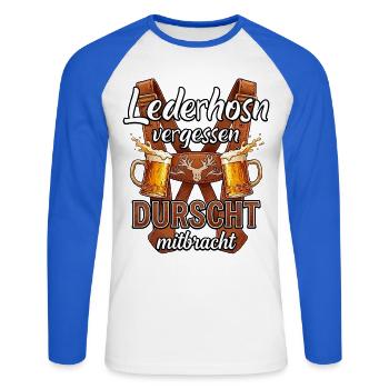 Trachten T-Shirt Herren Trachtenshirt Lederhose - Unisex Baseballshirt langarm - Weiß/Royalblau - Vorne - Nik (191cm)
