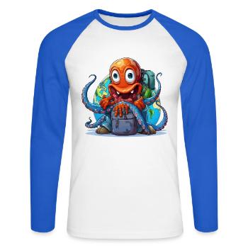 Reise-Oktopus mit Weltkugel - Unisex Baseballshirt langarm - Weiß/Royalblau - Vorne - Nik (191cm)