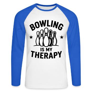 Bowling is my Therapy Sport Bowling Pins - Unisex Baseballshirt langarm - Weiß/Royalblau - Vorne - Nik (191cm)