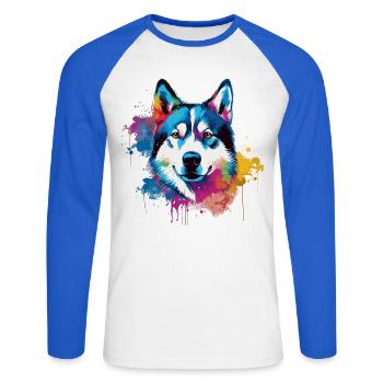 Bunter Husky Splash Art Hund - Unisex Baseballshirt langarm - Weiß/Royalblau - Vorne - Nik (191cm)