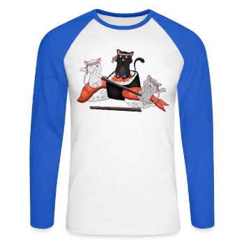 Chats kawaïens mangeant des sushis - Anime japonais mignon - T-shirt baseball manches longues Homme - blanc/bleu royal - Devant - Nik (191cm)