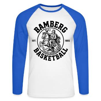 Bamberg Basketball Vintage Retro Design - Unisex Baseballshirt langarm - Weiß/Royalblau - Vorne - Nik (191cm)