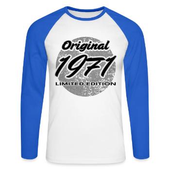 55e anniversaire 1971 cadeau pour hommes et femmes - T-shirt baseball manches longues Homme - blanc/bleu royal - Devant - Nik (191cm)