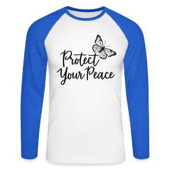 Protégez votre paix papillon paix intérieure - T-shirt baseball manches longues Homme - blanc/bleu royal - Devant - Nik (191cm)