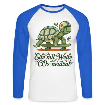 Schildkröte Skateboard Nachhaltig Spruch Design - Unisex Baseballshirt langarm - Weiß/Royalblau - Vorne - Nik (191cm)
