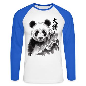 Panda Shirt mit Schriftzeichen – Schwarz Weiß - Unisex Baseballshirt langarm - Weiß/Royalblau - Vorne - Nik (191cm)