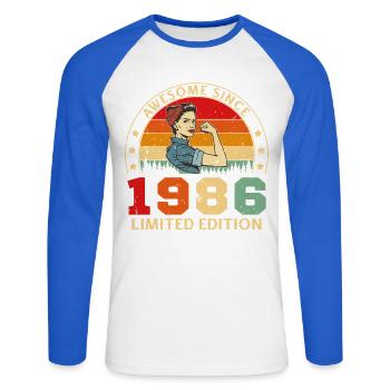 1986 Vintage-Retro-Ehefrau-Geburtstagsgeschenk - Unisex Baseballshirt langarm - Weiß/Royalblau - Vorne - Nik (191cm)