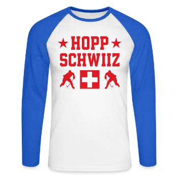 Hopp Schwiiz Eishockey Nationalstolz Fans - Unisex Baseballshirt langarm - Weiß/Royalblau - Vorne - Nik (191cm)