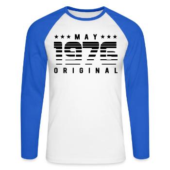 May 1976 Original Striped Vintage Geburtstag - Unisex Baseballshirt langarm - Weiß/Royalblau - Vorne - Nik (191cm)