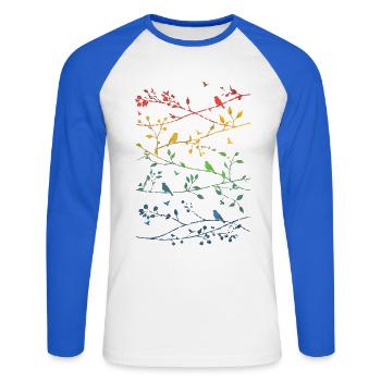 Rainbow branches and birds - Unisex Long Sleeve Baseball T-Shirt - white/royal blue - Front - Nik (191cm)