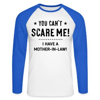 Tu ne peux pas me faire peur ! – J’ai une belle-mère ! (B) - T-shirt baseball manches longues Homme - blanc/bleu royal - Devant - Nik (191cm)