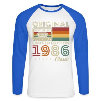 1986 Vintage Retro Geburtstagsgeschenk - Unisex Baseballshirt langarm - Weiß/Royalblau - Vorne - Nik (191cm)