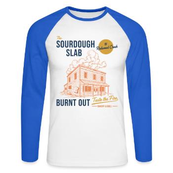 Boulanger au pain au levain La Dalle au levain - T-shirt baseball manches longues Homme - blanc/bleu royal - Devant - Nik (191cm)