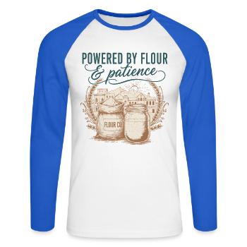 Sourdough Bread Baking Powered By Flour - Unisex Long Sleeve Baseball T-Shirt - white/royal blue - Front - Nik (191cm)