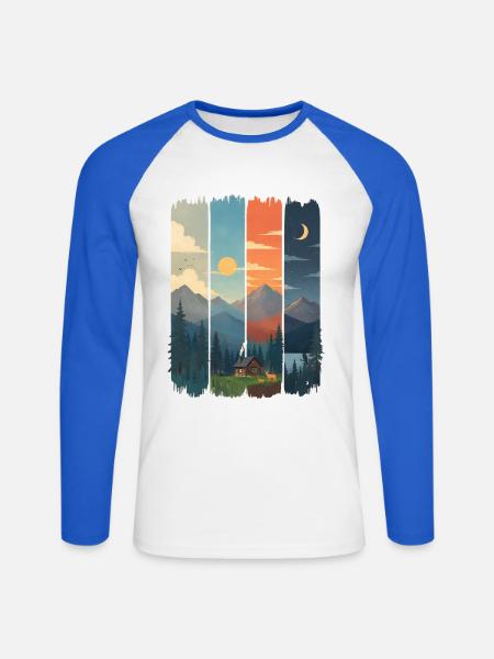 Horizons in four mountain panels - Unisex Long Sleeve Baseball T-Shirt - white/royal blue