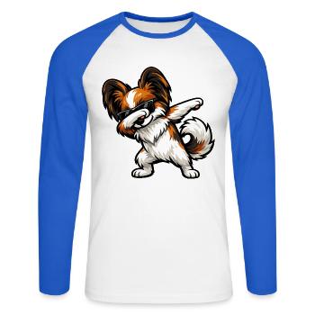 Chien Papillon - T-shirt baseball manches longues Homme - blanc/bleu royal - Devant - Nik (191cm)