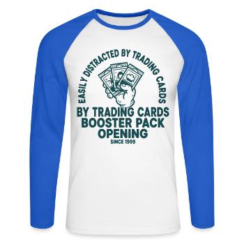 Easily Distracted By Trading Cards Booster Pack - Unisex Long Sleeve Baseball T-Shirt - white/royal blue - Front - Nik (191cm)