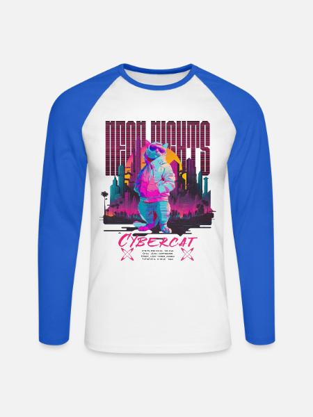 Neon Nights Cyberpunk Cat - Unisex Baseballshirt langarm - Weiß/Royalblau
