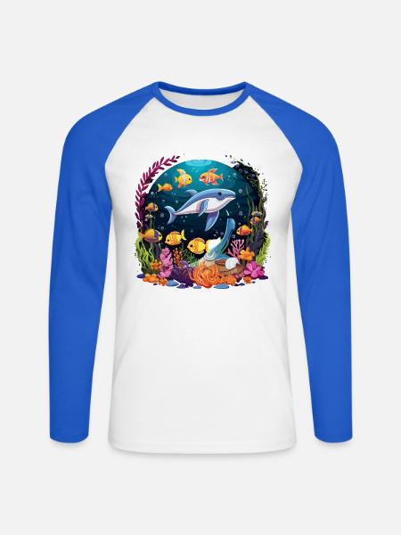 Unterwasser-Delfin im Korallenriff - Unisex Baseballshirt langarm - Weiß/Royalblau