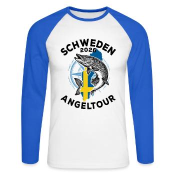 Schweden 2026 Angeltour | Angler | Hecht - Unisex Baseballshirt langarm - Weiß/Royalblau - Vorne - Nik (191cm)