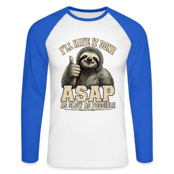 Sloth ASAP As Slow As Possible Shirt - Unisex Long Sleeve Baseball T-Shirt - white/royal blue - Front - Nik (191cm)