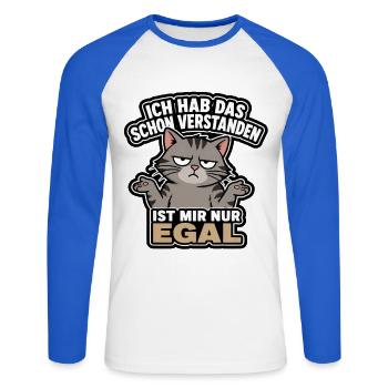 Gereizter Kater Spruch: Ist Mir Egal - Unisex Baseballshirt langarm - Weiß/Royalblau - Vorne - Nik (191cm)