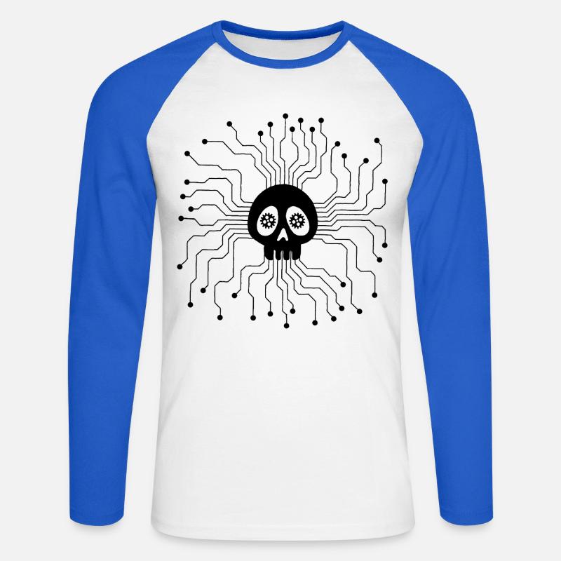 Microprocessor Skull (Black) - Unisex Long Sleeve Baseball T-Shirt - white/royal blue