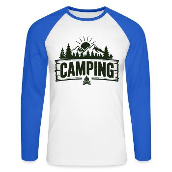 Camping, tente d’aventure en plein air en montagne - T-shirt baseball manches longues Homme - blanc/bleu royal - Devant - Nik (191cm)