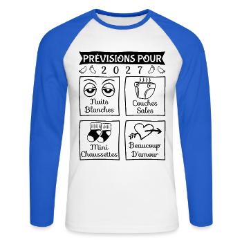 Prévisions pour 2027, future mama, futur papa 2027 - T-shirt baseball manches longues Homme - blanc/bleu royal - Devant - Nik (191cm)
