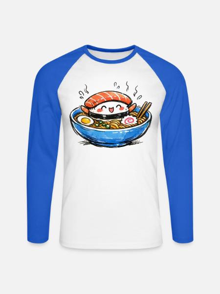 Kawaii Sushi-Ramen Bowl Illustration - Unisex Baseballshirt langarm - Weiß/Royalblau