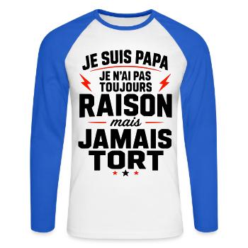 Papa jamais tort humour cadeau fête des pères - T-shirt baseball manches longues Homme - blanc/bleu royal - Devant - Nik (191cm)