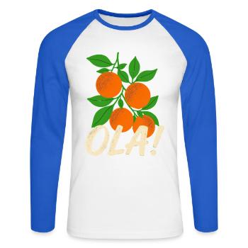 Olá Retro Orange Plants Holiday Greeting - Unisex Long Sleeve Baseball T-Shirt - white/royal blue - Front - Nik (191cm)